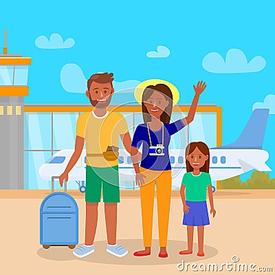 Mother and Daughter Stand in Front of Airplane. Vector Illustration