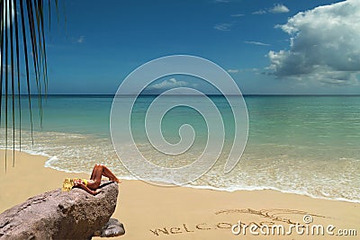 Tanning blond model on welcome beach. Stock Photo