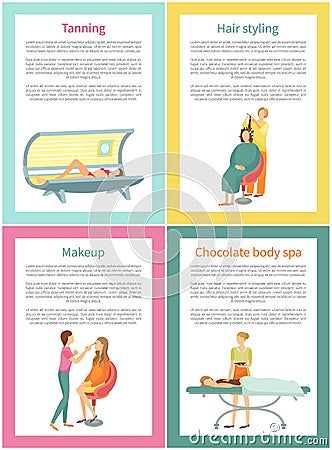 Tanning and Hair Styling Procedure Posters Vector Vector Illustration
