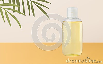 Tanning oil or massage oil bottle mockup realistic vector 3d illustration on beige yellow background with palm leaves Vector Illustration