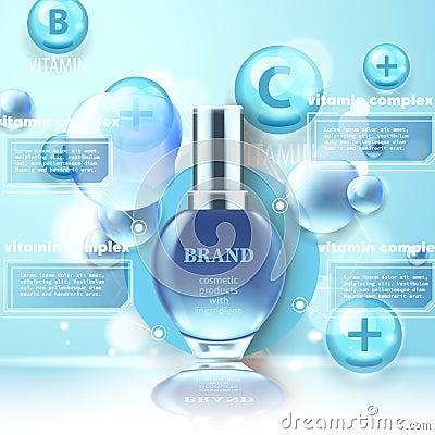 Bright 3d realistic vector illustration. Vitamin complex. Cosmetic bottle Vector Illustration