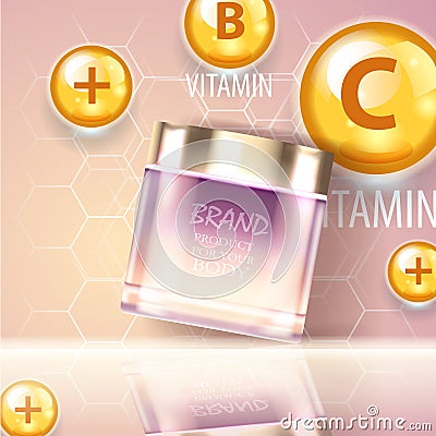 Bright 3d realistic vector illustration. Vitamin complex. Cosmetic bottle Vector Illustration