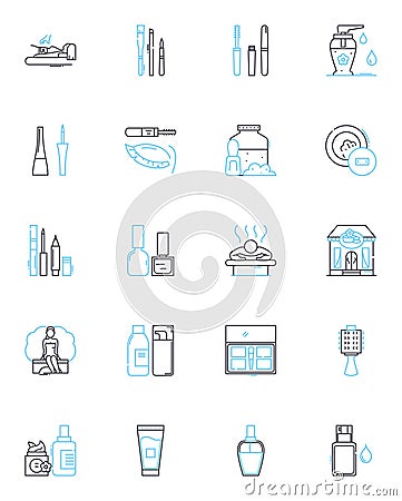 Tanning salon linear icons set. bronzing, spray, sunscreen, glowing, UV, beach, coconut line vector and concept signs Vector Illustration