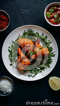 Tantalizing chicken tikka on a pristine white plate Stock Photo