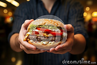 A tantalizing close up of a beefy burger gripped by a mans hungry hands Stock Photo