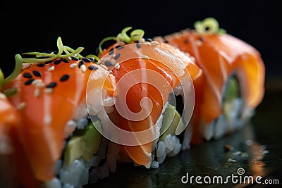 tantalizing close-up of a salmon sushi roll with sesame seeds and green onions on top Stock Photo