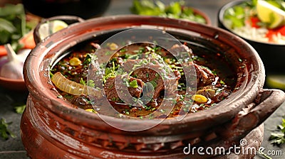 A tantalizing image of traditional Pakistani Nihari, a slow-cooked spicy beef stew, served in a rustic clay pot Stock Photo