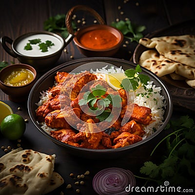 Tantalizing view Chicken tikka masala, basmati rice, Indian delicacies Stock Photo
