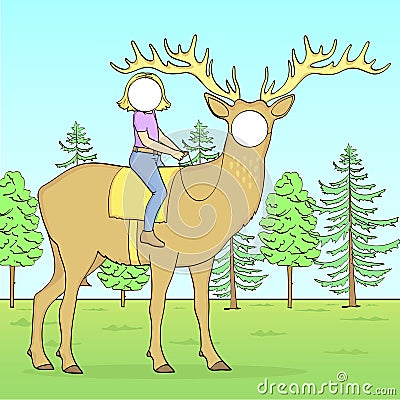 Tantamaresk stand for photography with a hole for the face. Christmas theme. Girl, child riding a deer, nature, forest Cartoon Illustration