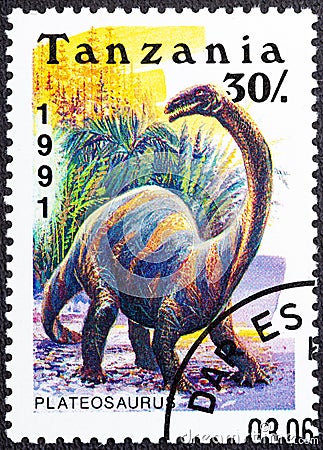 TANZANIA - CIRCA 1991: a stamp printed in Tanzania shows dinosaur Plateosaurus, circa 1991 Editorial Stock Photo