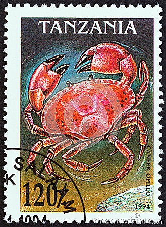 TANZANIA - CIRCA 1994: A stamp printed in Tanzania from the `Crabs` issue shows Edible crab Cancer pagurus, circa 1994. Editorial Stock Photo