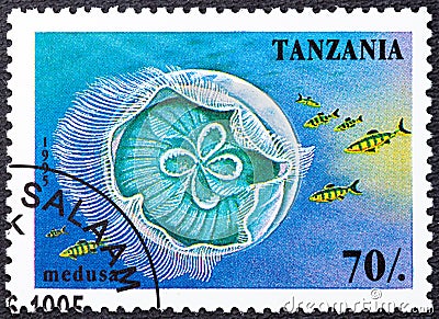 TANZANIA - CIRCA 1995: A Tanzania stamp shows medusa underwater. Circa 1995. Canceled by seal... Editorial Stock Photo