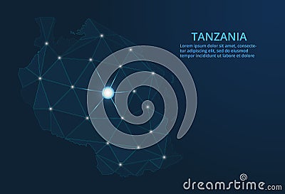 Tanzania communication network map. Vector low poly image of a global map with lights in the form of cities. Map in the form of a Vector Illustration