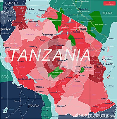 Tanzania country detailed editable map Vector Illustration