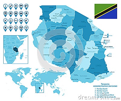 Tanzania detailed administrative blue map with country flag and location on the world map. Vector Illustration