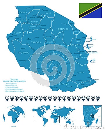 Tanzania - detailed blue country map with cities, regions, location on world map and globe. Infographic icons Cartoon Illustration