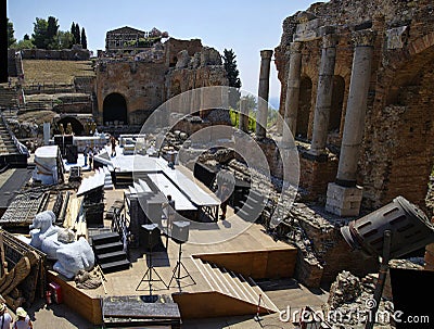 Preparing of ancient Greek theater of Taormina for Aida Performance. Editorial Stock Photo
