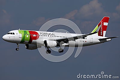 TAP Air Portugal plane flying to exotic destinations Editorial Stock Photo