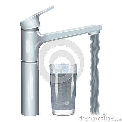 Tap with dirty water, muddy water in glass, pollution concept. Vector Illustration