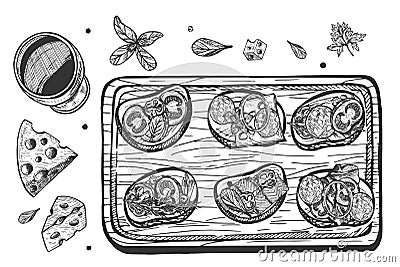 Tapas canape bruscheta sandwiches Vector Illustration