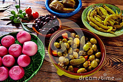 Tapas pickles mix olives chili onion eggplant Stock Photo