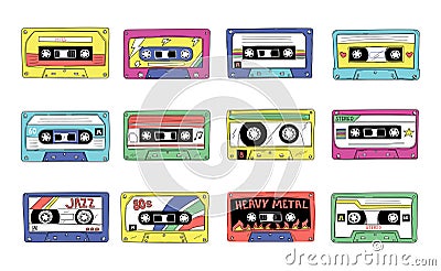 Tape cassette. Retro 90s audio mixtape. Vintage compact stereo player records. 80s style retro rock and pop songs mix Vector Illustration