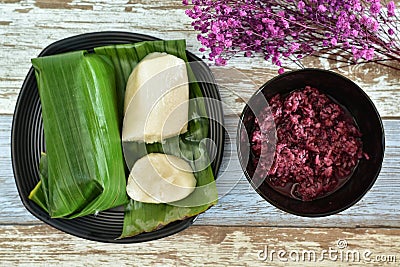 Tape Ketan Uli, uli snacks made from white glutinous rice, and tape made from red glutinous rice that is yeast and fermented Stock Photo