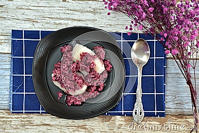 Tape Ketan Uli, uli snacks made from white glutinous rice, and tape made from red glutinous rice that is yeast and fermented Stock Photo