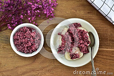 Tape Ketan Uli, uli snacks made from white glutinous rice, and tape made from red glutinous rice that is yeast and fermented Stock Photo