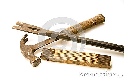 Tape measure hammer and pry bar Stock Photo