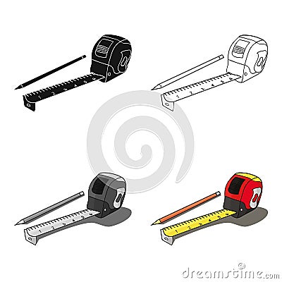 Tape measure and pencil icon in cartoon style isolated on white background. Architect symbol stock vector illustration. Vector Illustration