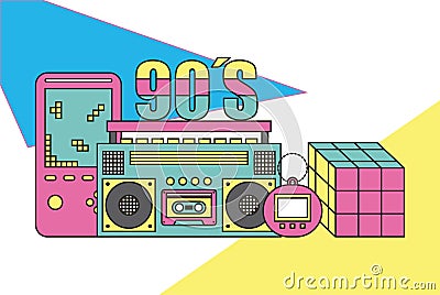 Tape recorder cube rubik video game tamagotchi 90s devices and toys retro Vector Illustration