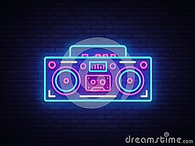 Tape recorder neon signboard vector. Retro Music neon glowing symbol, Retro Style 80-90s Light Banner, neon icon, design Vector Illustration