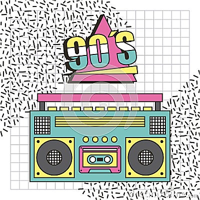 Tape recorder 90s music memphis style background Vector Illustration