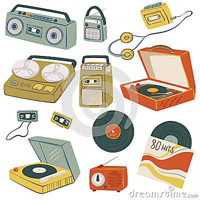 Old magnetophones and tape recorders, vintage gadgets vector Vector Illustration