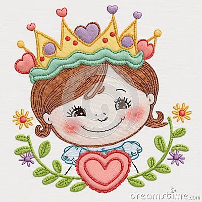 Tapestry cartoon pretty smiling princess. Embroidery cartoon little girl. Smiling cute girl with crown, flowers, red love heart. Vector Illustration