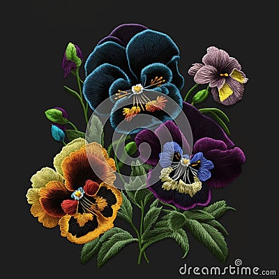 Tapestry colorful 3d pansies flowers. Embroidered pansy flowers, leaves. Embroidery floral background illustration. Beautiful Vector Illustration