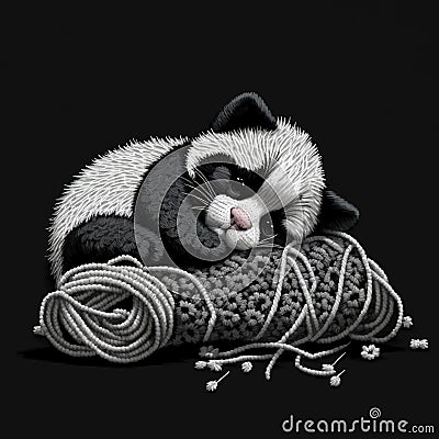 Tapestry little sweet panda lying on the threads. Black and white embroidered vector background illustration. Embroidery chinese Vector Illustration