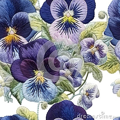 Tapestry textured floral pansy flowers seamless pattern. Embroidery colorful vector background. Embroidered hand drawn blossom Vector Illustration