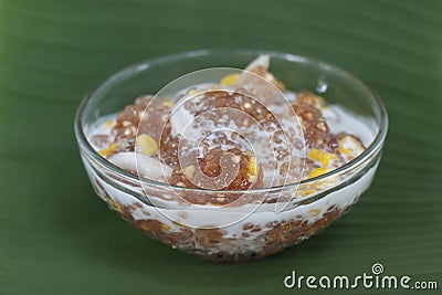 Tapioca pearl or Sago pudding with young coconut meat and coconut milk in bowl is Thai desserts. Stock Photo