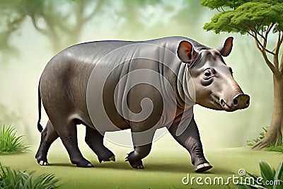 Tapir animal grassy herbivore Amazon mammal Cartoon Illustration