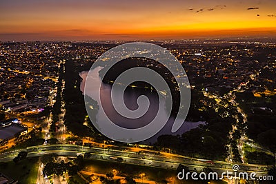 Taquaral lagoon in Campinas at dawn, view from above, Portugal park, Sao Paulo, Brazil Stock Photo