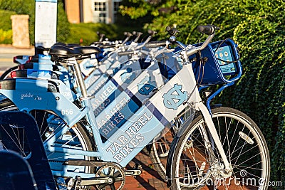 Tar heel Bikes, rental bicycles, on the Campus of UNC, University of North Carolina at Chapel Hill Editorial Stock Photo