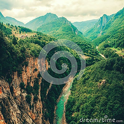 The Tara River and Canyon, and its countryside, in northern Montenegro. Montenegro,Tara River next to Djurdjevi bridge Stock Photo