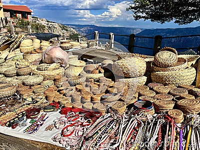 Tarahumara Craft Stall with Copper Canyon Backdrop, Chihuahua Stock Photo