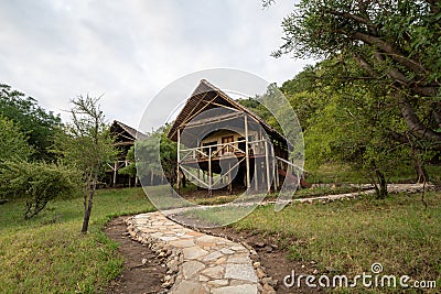 Tarangire National Park, Tanzania, Africa - March 14, 2023: View of a tent cabin on stilts for guests at the Sangaiwe Tented Lodge Editorial Stock Photo