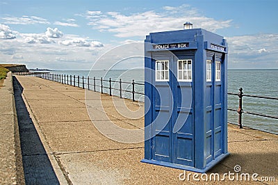 Tardis arrives at reculver in kent Stock Photo