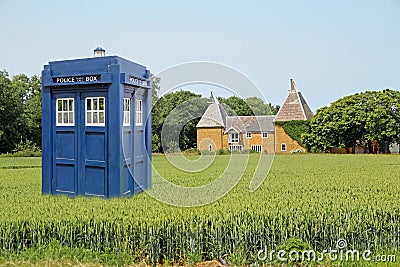 Tardis in crop field Stock Photo