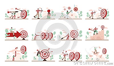 Target concept set. Ambitious characters aiming in target and shooting Vector Illustration