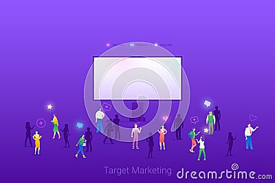 Target focus group audience for Outdoor Billboard Advertising Marketing Flat vector illustration concept. Targeting in Crowd of Vector Illustration